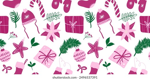 Christmas holidays bright pink seamless vector pattern. Repetitive winter holidays background with flat scribbles of gift boxes, lollipops, mistletoe, presents, mittens. Hand drawn Christmas items.