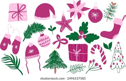 Christmas holidays bright pink vector elements set. Pink and green winter holidays items with flat scribbles of gift boxes, lollipops, mistletoe, presents, mittens, santa hat. Hand drawn items.