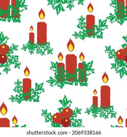Christmas holidays candles, berries, holly seamless vector pattern. Festive background with traditional scattered motifs in scribble drawing style. Red, green,white seasonal design backdrop for winter