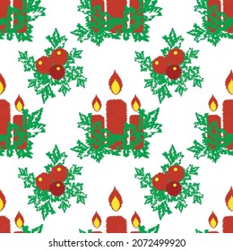 Christmas holidays candles, berries, holly seamless vector pattern. Festive background with traditional scattered motifs in scribble drawing style. Red, green,white seasonal design backdrop for winter