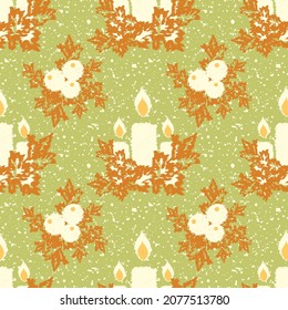 Christmas holidays candles, berries, holly seamless vector pattern. Frosty green orange snowflake textured background with traditional motifs in scribble drawing style. Winter fall seasonal backdrop