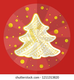 Christmas Holidays Card Arranged in Chinese Origami Style. Christmas Tree in Boho, Zentangle, Doodle Style Pattern. Snowflakes with Golden Texture. Round Red Substrate Made as Paper Chinese Fan.