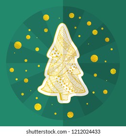 Christmas Holidays Card Arranged in Chinese Origami Style. Christmas Tree in Boho, Zentangle, Doodle Style Pattern. Snowflakes with Golden Texture. DarkTurquoise Substrate Made as Paper Chinese Fan.