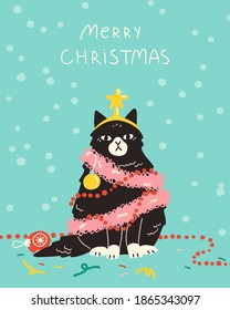 Christmas holidays card, poster or banner design. Festive cat decorated with garland and ornaments like a Christmas tree. Vector illustration in modern hand drawn style.