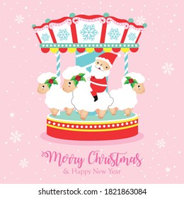 Christmas holidays carousel flat vector illustration/greetings card with cute santa claus riding on the sheep