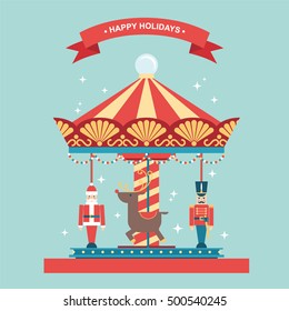 Christmas holidays carousel flat vector illustration/greetings card