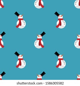 Christmas holidays cartoon seamless pattern of cute snowman wear red scarf and black hat on blue background. Vector illustration.