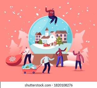 Christmas Holidays Celebration Concept with Tiny Characters around of Huge Crystal Ball. People Prepare Presents, Souvenirs for Xmas Celebration. Winter Festive Season. Cartoon Vector Illustration