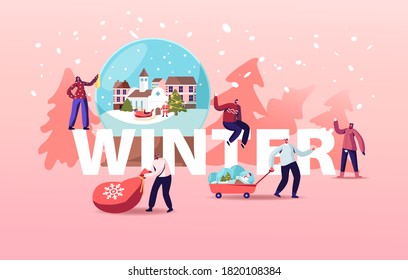 Christmas Holidays Celebration Concept. Tiny Characters around of Huge Crystal Ball. People Prepare Presents for Xmas Celebration. Winter Festive Season Poster Banner Flyer Cartoon Vector Illustration
