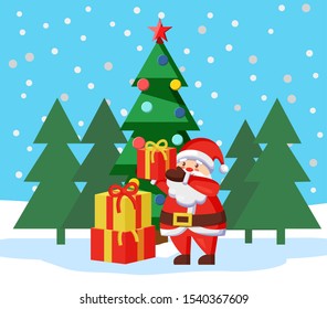 Christmas holidays celebration, Santa Claus in winter pine tree forest with presents. Gifts form Saint Nicholas on special occasion. Xmas spruce with garlands and snowfall in woods flat style vector
