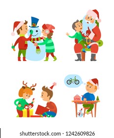 Christmas holidays celebration of winter event vector. Boy making wish on Santa Claus laps, kid writing letter. Children building snowman open gifts