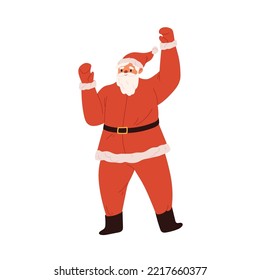 Christmas holidays character, happy Santa Claus dancing. Cartoon icon for xmas design. Joyful Santa in red coat with white beard cheering isolated. Flat vector illustration