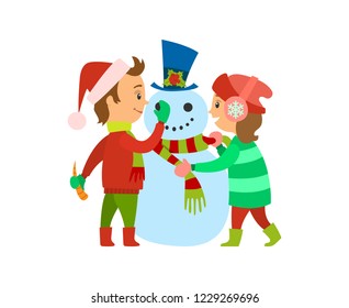 Christmas holidays children building snowman vector. Boy in Santa Claus hat holding carrot nose of winter character. Girl putting scarf on man of snow