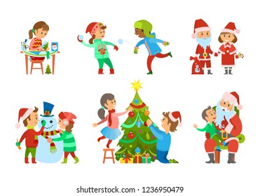 Christmas holidays, children on vacations set vector. Boy and girl skating on rink, father and daughter decorating evergreen tree with baubles toys