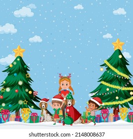 Christmas holidays with children and presents illustration