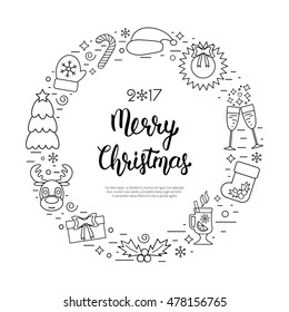 Christmas holidays circle frame with traditional attributes in line style with hand lettering inscription. Vector illustration