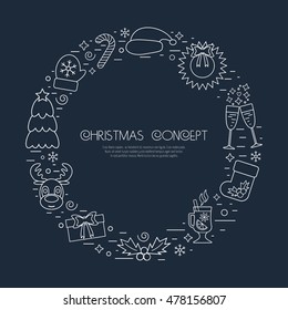 Christmas holidays circle frame with traditional attributes in line style with white icons. Vector illustration