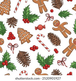 Christmas holidays colorful seamless pattern with gingerbread and cones from coniferous trees near sweets and berries vector illustration