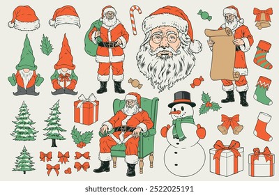 Christmas holidays colorful set emblems with Santa and firs for New Year interior near socks for children gifts vector illustration