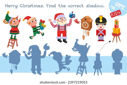 Christmas holidays. Cute Santa Claus elf and presents for children. Find shadows. Educational puzzle game for kids. Cartoon funny characters. Vector illustration for children. 