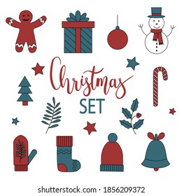 Christmas holidays decorations icons set. Vector isolated Gift box, hat, snowman. Objects for design greeting card, stickers, etc. Handwritten lettering