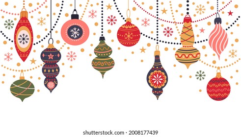 Christmas holidays decorations. Winter holidays fir tree toys garlands and decorations vector illustration. Cute Christmas symbols garlands. Hanging new year accessories for greeting card