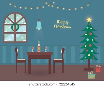 Christmas holidays dining room interior design illustration. Seasonal decoration, xmas lights and tree vectors. Snowing window image.