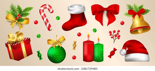 Christmas holidays elements set, realistic christmas icon set vector illustration