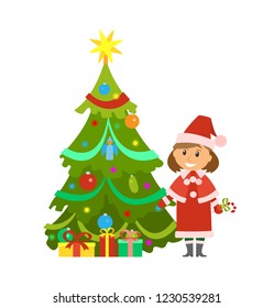 Christmas holidays evergreen pine tree and snow maiden woman vector. Decorated fir spruce with shining star toy on top. Garlands and baubles balls