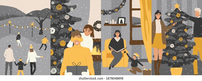 Christmas holidays and family, cute cards. Family timatics illustrations together, decorate the Christmas tree, celebrate Christmas Eve, have dinner, exchange gifts. Vector illustration
