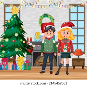Christmas holidays with family at home illustration
