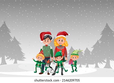 Christmas holidays with family in the snow illustration