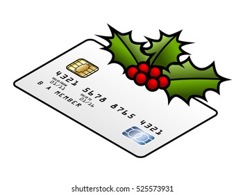 Christmas holidays gift buying and consumption concept: a sprig of holly on a credit card.