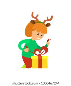 Christmas holidays, girl opening presents vector. Girl wearing reindeer horns accessories removes unpack gift box decorated bow. Package with surprise