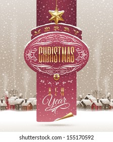 Christmas holidays greeting banner against a winter landscape with snow-cowered village - vector illustration