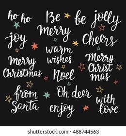 Christmas holidays hand lettering set. Calligraphy phrases collection. Typography design elements for greeting cards, invitations. Vector illustration
