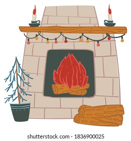 Christmas holidays home interior preparation. Isolated fireplace decorated with glowing garlands, aromatic candles. Burning logs and houseplant, xmas pine tree. New year celebration Vector in flat