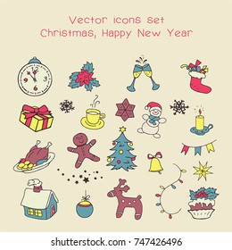 Christmas holidays icon set. Classic hand-drawn New Year elements, vintage style. Merry Christmas, Happy New Year line icons for packing paper, card, web, wallpaper, background. Vector Illustration.