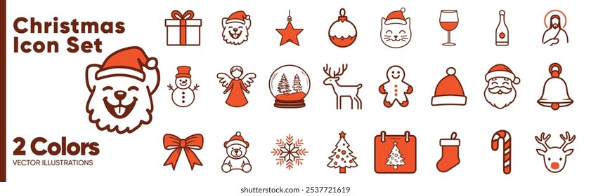 Christmas Holidays Icon Set: Red Icons in Two Colors Featuring Santa Claus, Snowman, Christmas Tree, Reindeer, Decorations, and Gifts
