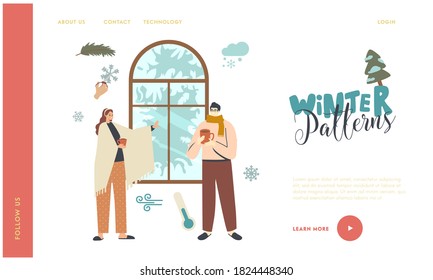 Christmas Holidays Landing Page Template. Characters in Warm Clothes Enjoying Winter Window View and Hot Drinks at Cozy Decorated Home. Wintertime Season SpareTime. Linear People Vector Illustration