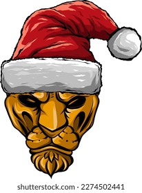 Christmas holidays lion with hat .Vector illustration.