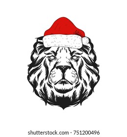 Christmas holidays lion witha a cap.Vector illustration.