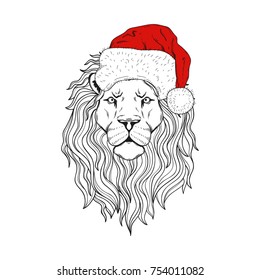 Christmas holidays lion witha a cap.Vector illustration.