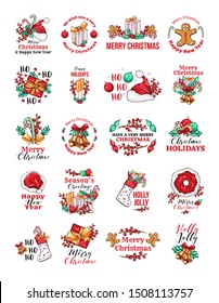 Christmas holidays logo vector set. Winter season festive hand drawn color stickers with typography pack. Merry Xmas, Ho Ho Ho greetings letterings. New Year celebration badges isolated collection