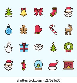 Christmas Holidays Minimalistic Color Flat Line Stroke Icon Pictogram Illustration Set Collection