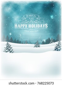 Christmas Holidays And New Year Background/
Illustration of a retro christmas landscape background, with firs, snow and elegant banners for winter and new year holidays