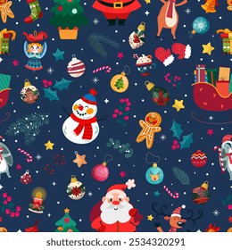Natal feriados, Ano Novo, padrão sem costura, árvore de Natal, Papai Noel, trenó com presentes