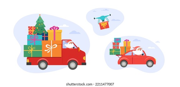 Christmas and holidays online delivery service concept, online order tracking, delivery home and office. Warehouse, truck, drone, scooter and bicycle courier Santa Claus