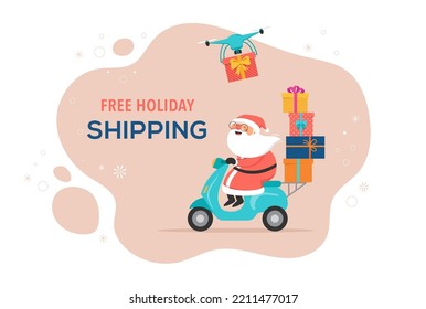 Christmas and holidays online delivery service concept, online order tracking, delivery home and office. Warehouse, truck, drone, scooter and bicycle courier Santa Claus