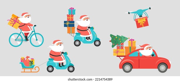 Christmas and holidays online delivery service concept, online order tracking, delivery home and office. Warehouse, truck, drone, scooter and bicycle courier Santa Claus